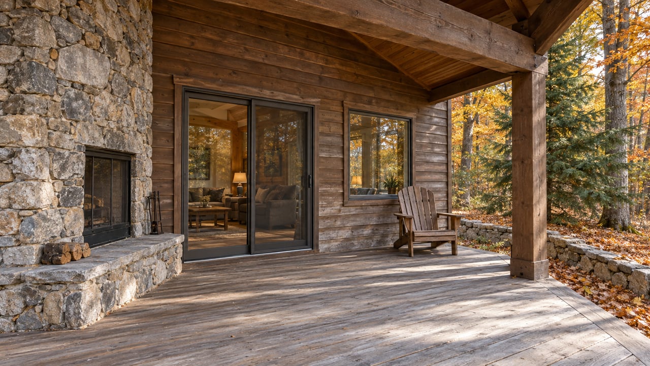 Weathered timber porch with a fieldstone chimney, closed glass doors and a cedar chair beside amber autumn trees.