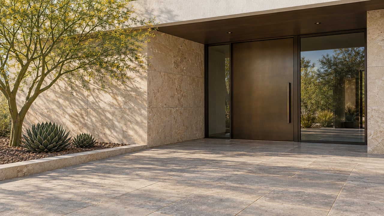 A recessed bronze front door and glazed sidelight beneath a deep roof, with limestone paving, a green-trunked tree and two sculptural agaves.