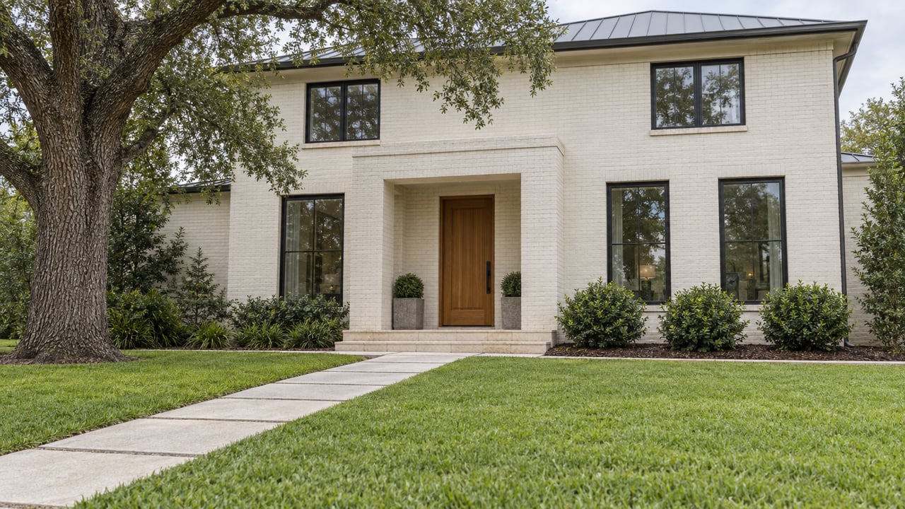 Off-white brick home with black-framed windows, an oak entry door and a limestone approach across a deep green lawn beneath a mature live oak.