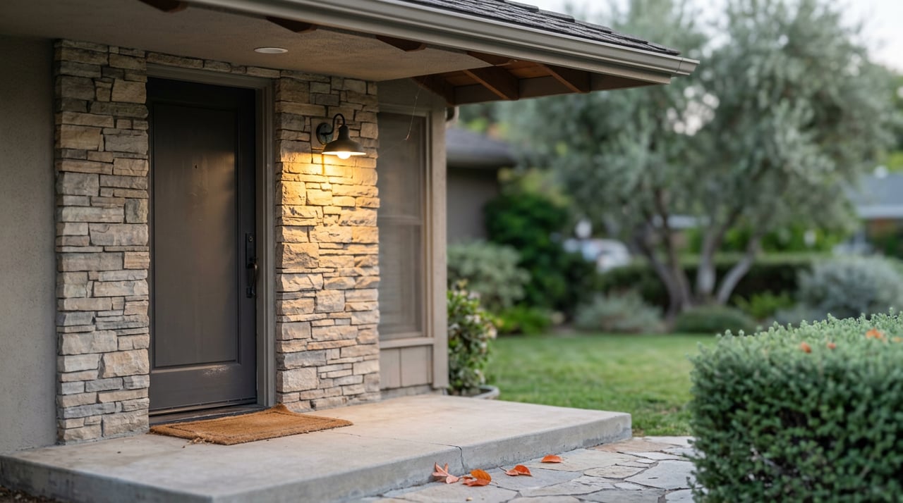 Warm-lit black sconce beside a charcoal door set in stacked stone, with orange-red leaves on the step.