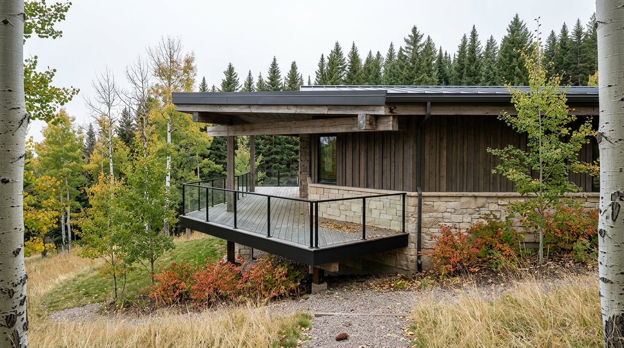 Mountain home with a cantilevered glass-railed deck, framed by aspens and backed by spruce beneath an overcast sky.