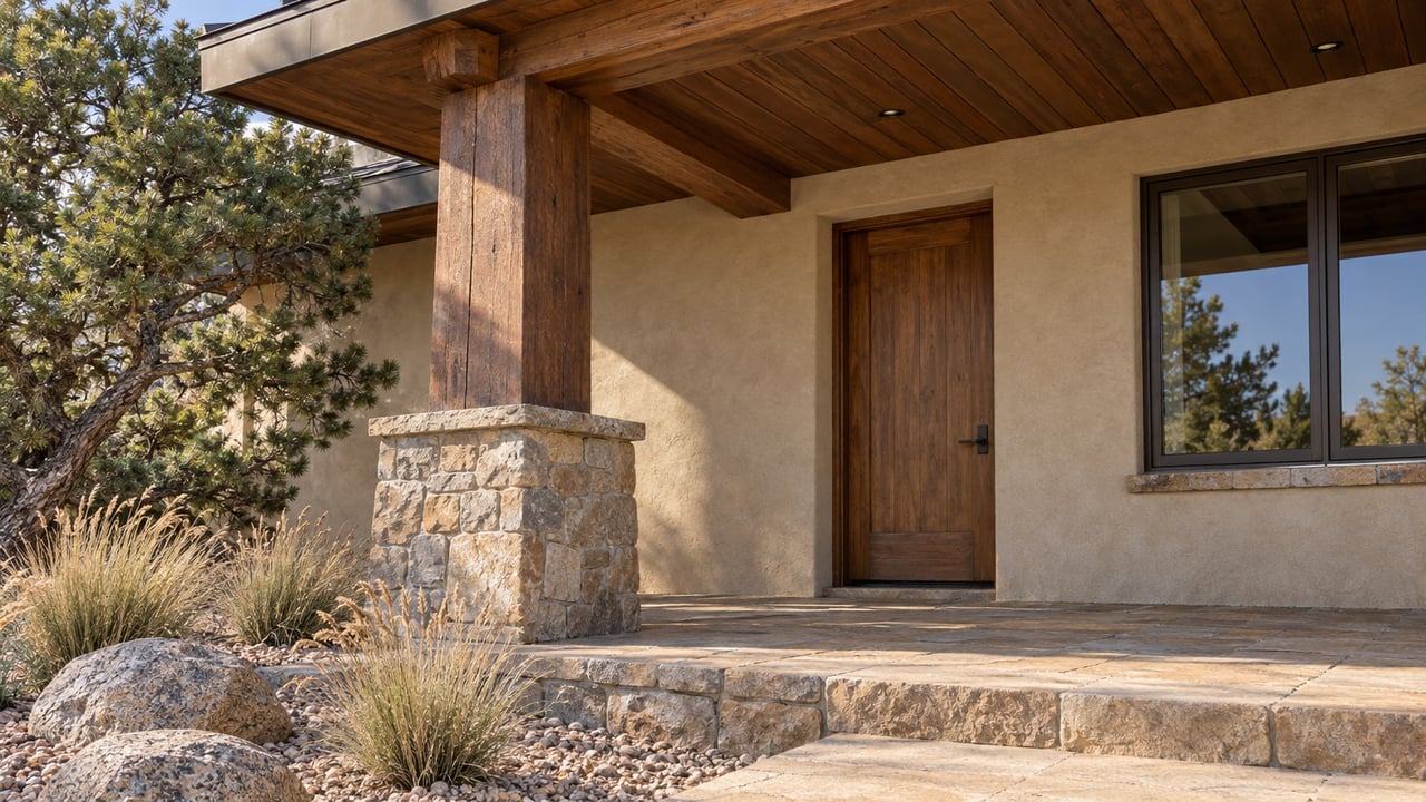 Timber porch beams and a stone pier frame a sheltered stucco entry beside sandstone paving, a pinyon pine, and tawny grasses.