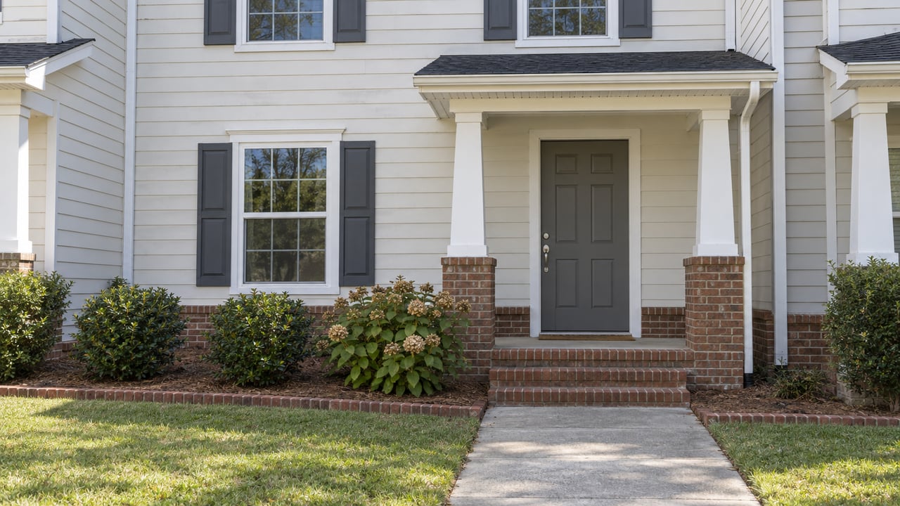 Two-story white-sided attached home with charcoal shutters, a brick-based covered entry, and a short concrete path beside a small lawn and planted bed.