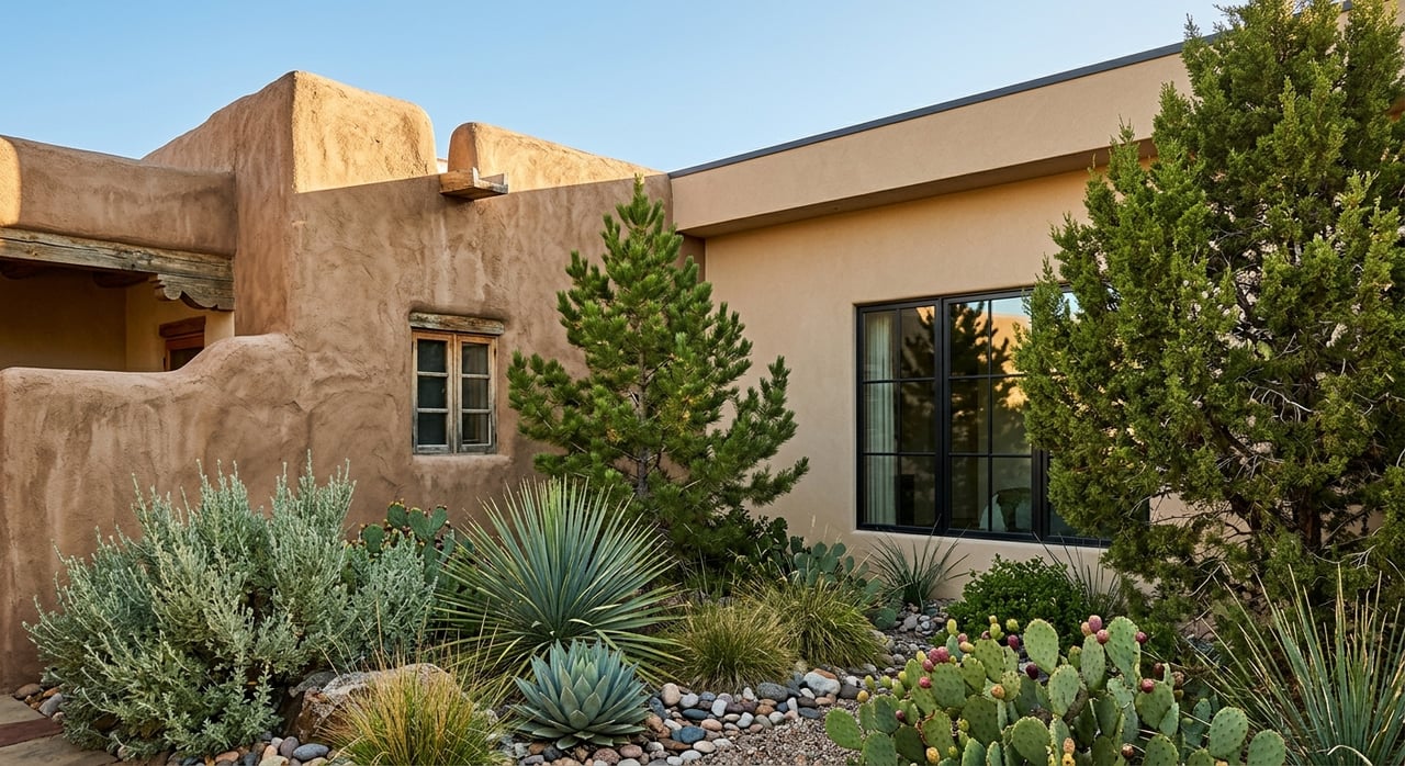 Old rounded plaster meets smooth stucco beside a recessed black-framed window and gravel garden.