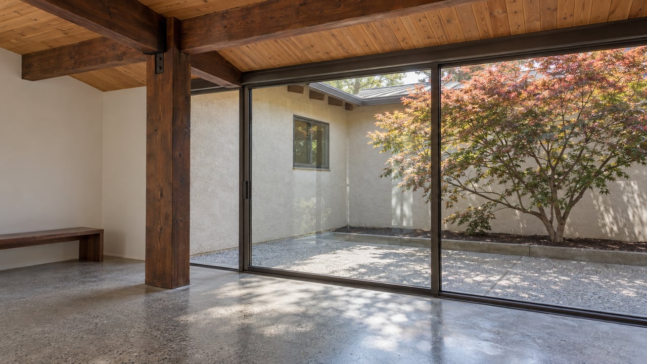 Timber post-and-beam living room opens through glass doors to a courtyard with a Japanese maple.
