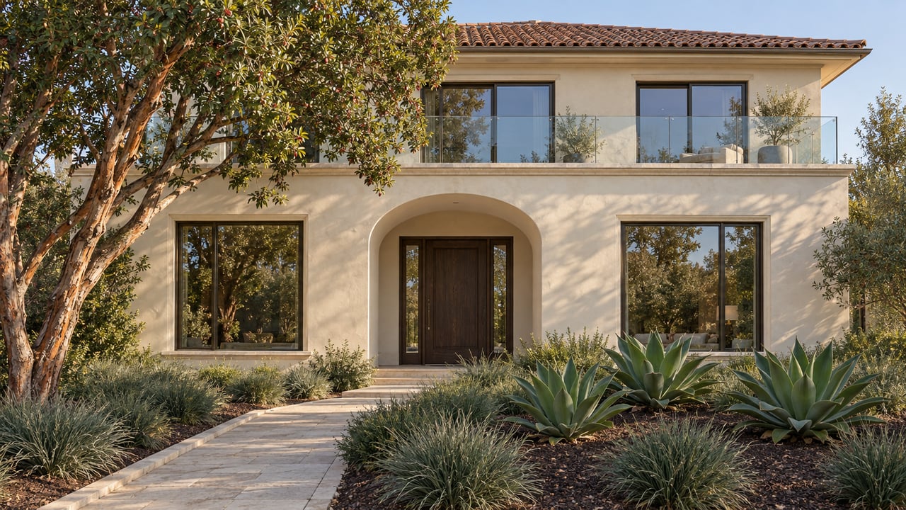 Pale stucco home with an arched oak entry, glass terrace and limestone garden path in warm afternoon light.