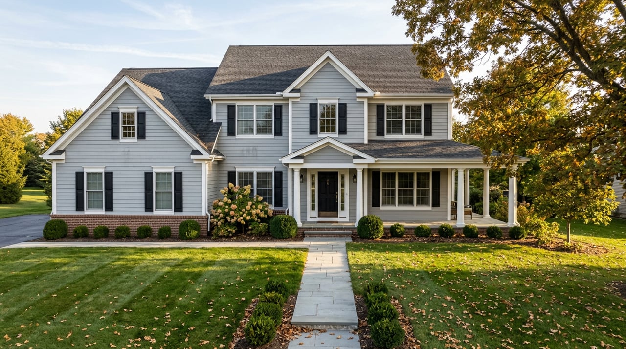 Gray colonial home with white portico, black shutters, oak canopy, and leaf-strewn walkway.