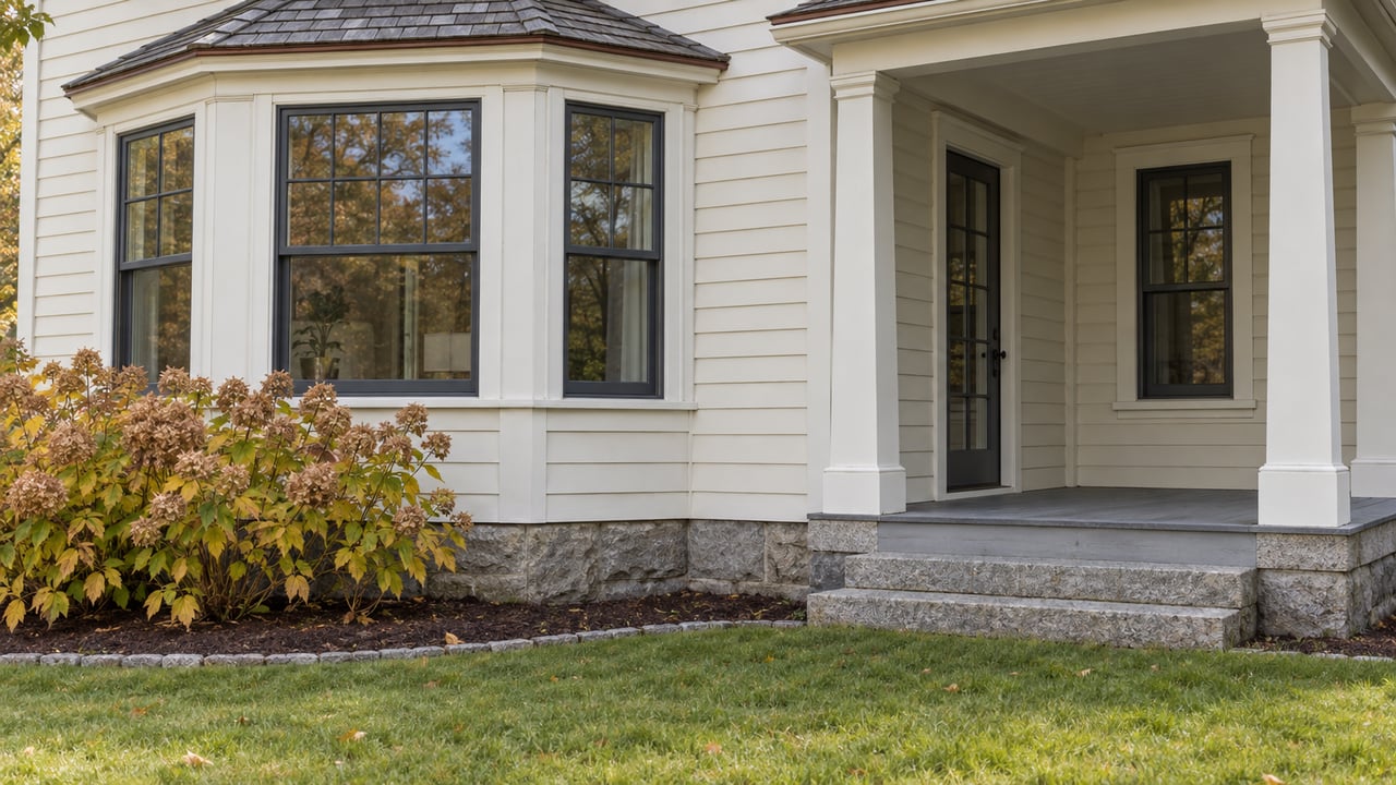 Cream clapboard home with a three-window bay, covered side porch, granite steps, and an autumn hydrangea above a lawn border.