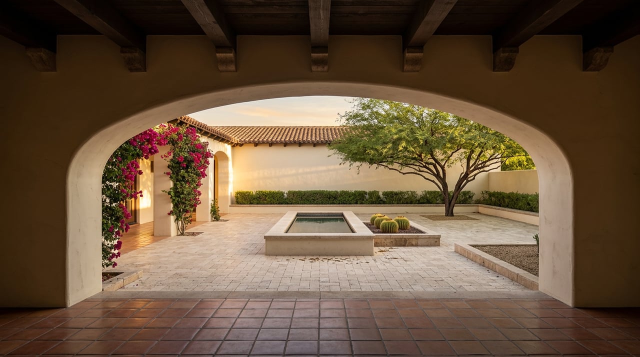 Sunlit courtyard with a still-water trough, barrel-tile-capped wall, mesquite tree, and bougainvillea on a loggia column.