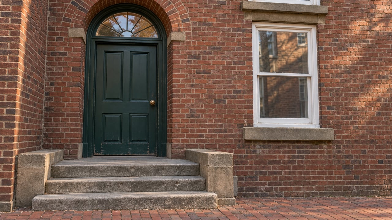 Sunlight across a red brick home's arched green doorway, white sash window and worn sandstone stoop.