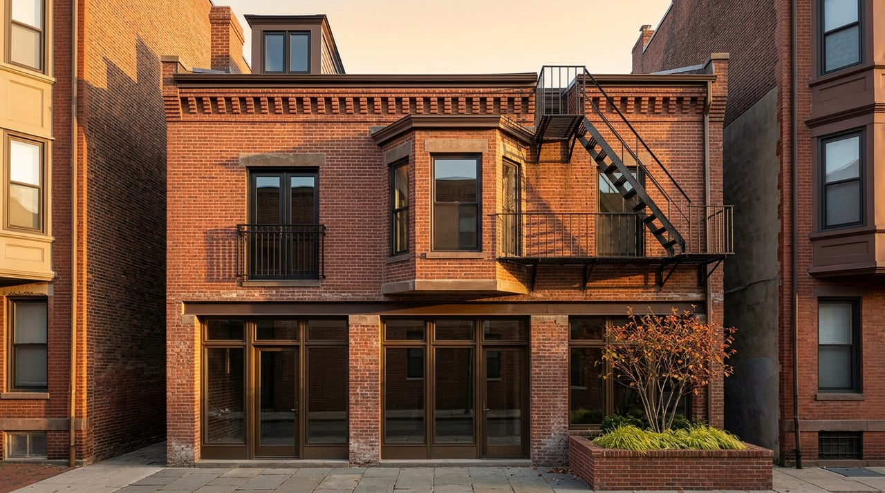 Three-story brick building with ground-floor glazing, a bay window, fire escape, and planted brick planter.
