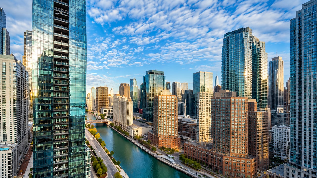 Downtown Chicago condominium high-rises and skyline illustrating new mortgage lending rules affecting condo sellers in 2026 and 2027.  Copy