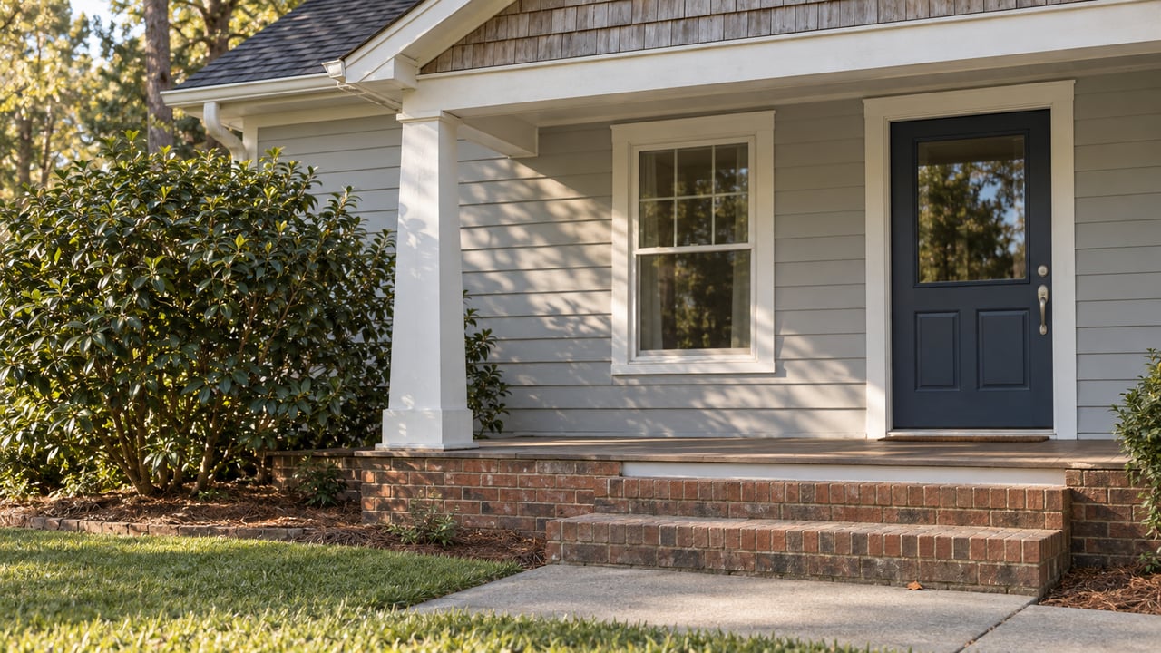 Sunlit cottage porch with pale gray siding, a dark blue entry door, weathered brick steps and a glossy-leaved camellia beside the lawn.