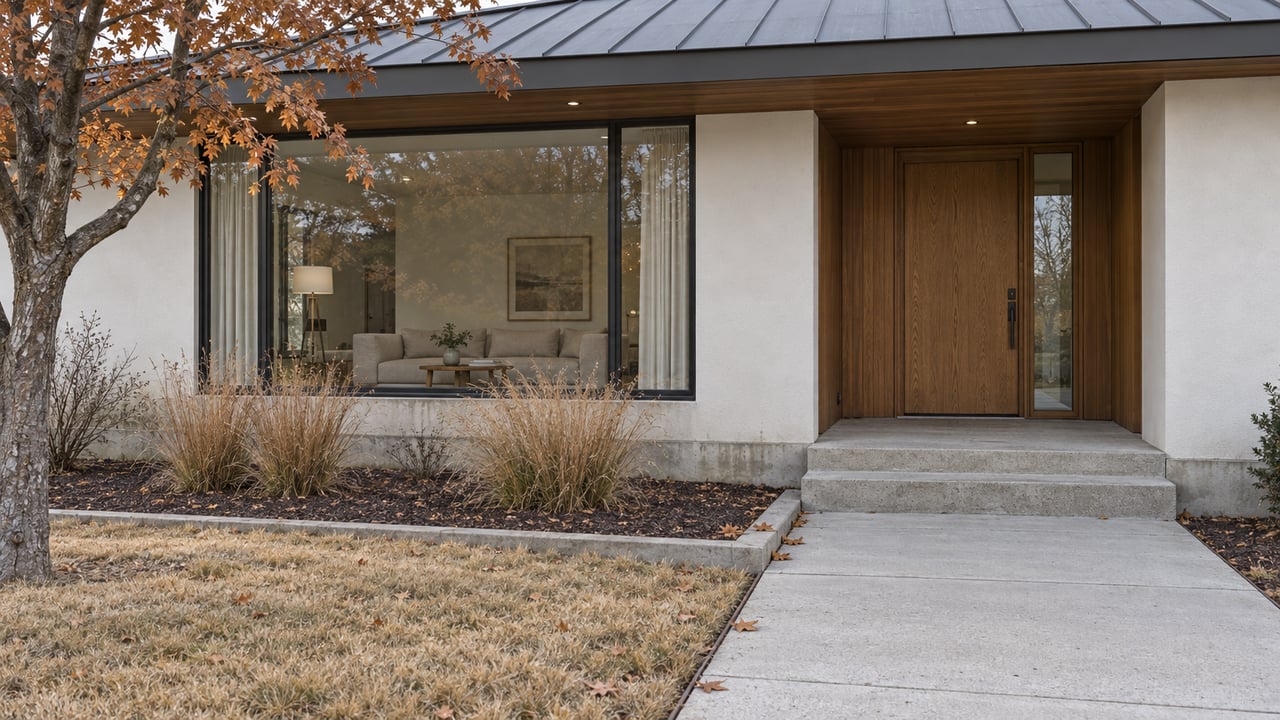 Late-fall light on a contemporary home's sheltered oak entry, broad window and copper-leaved maple beside a concrete walk.