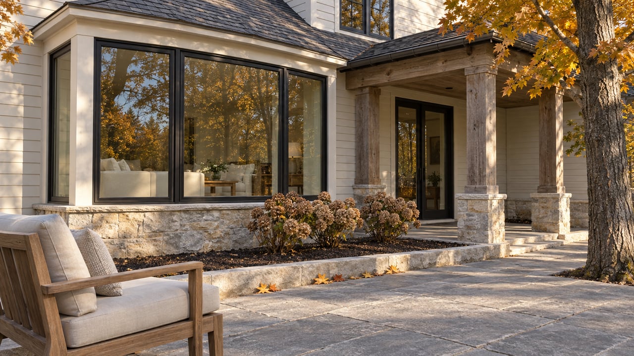 Ivory gabled home with black-framed glazing, an oak-supported porch and a limestone terrace beside autumn planting.