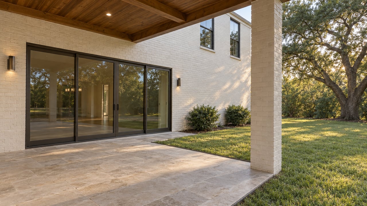 Covered patio with cream brick walls and glass doors beside a shallow lawn and mature oak.