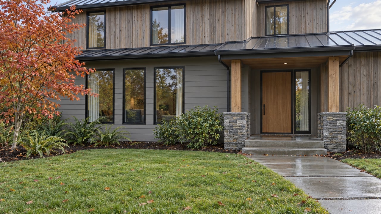 Cedar-and-stone home with large dark-framed windows, a covered entry and a rain-damp walkway across an autumn lawn.