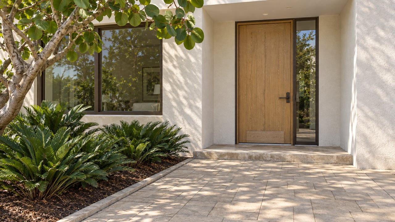 A warm-white stucco home entry with a tall wood door, bronze-framed glazing and a sunlit sand-colored paver approach beside sculptural planting.