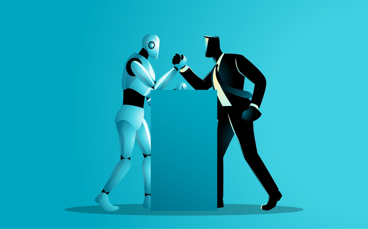 A humanoid robot and a suited human arm wrestle across a blue table.