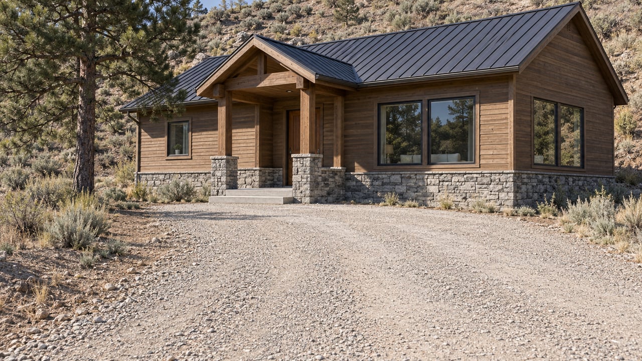 Tan gravel driveway leading to a timber-sided rural house with a dark gabled roof and pine tree.