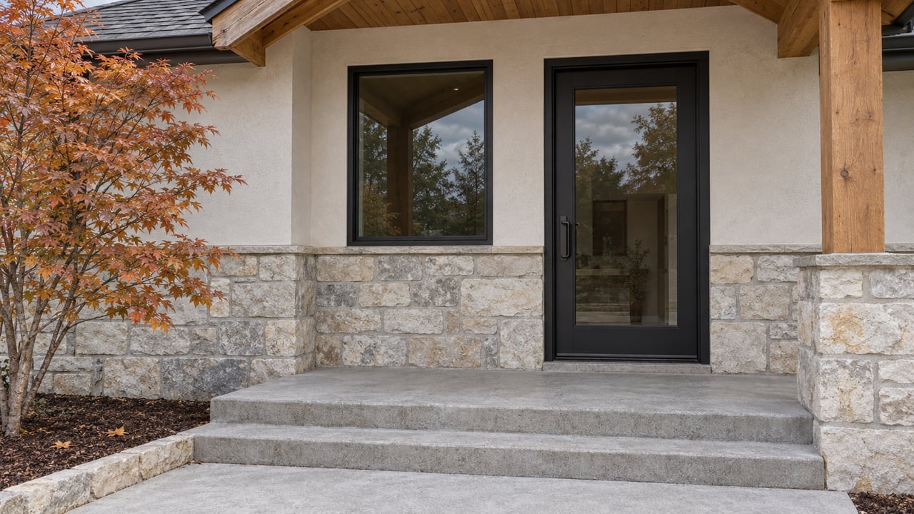 Covered home entry with timber soffit, pale limestone walls, black-framed glass door and concrete steps beside copper-colored maple leaves.