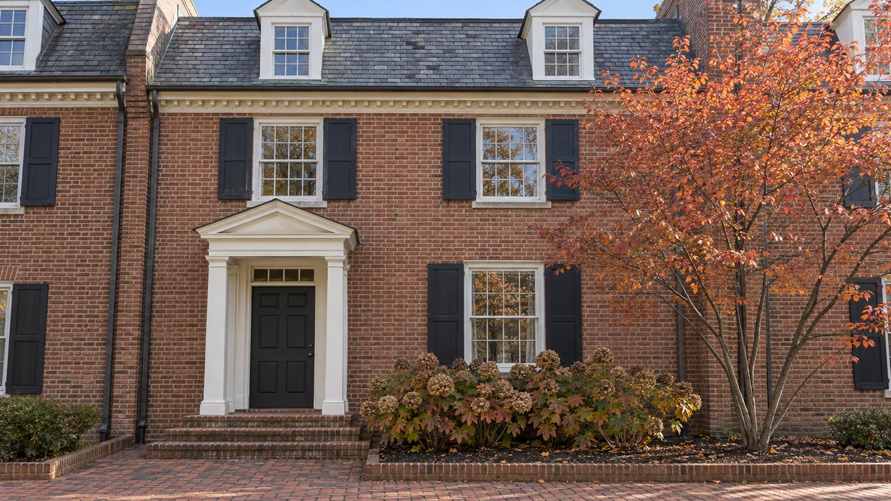 Brick attached home with a white timber portico, black shutters, slate dormers and an autumn serviceberry beside its entry garden.