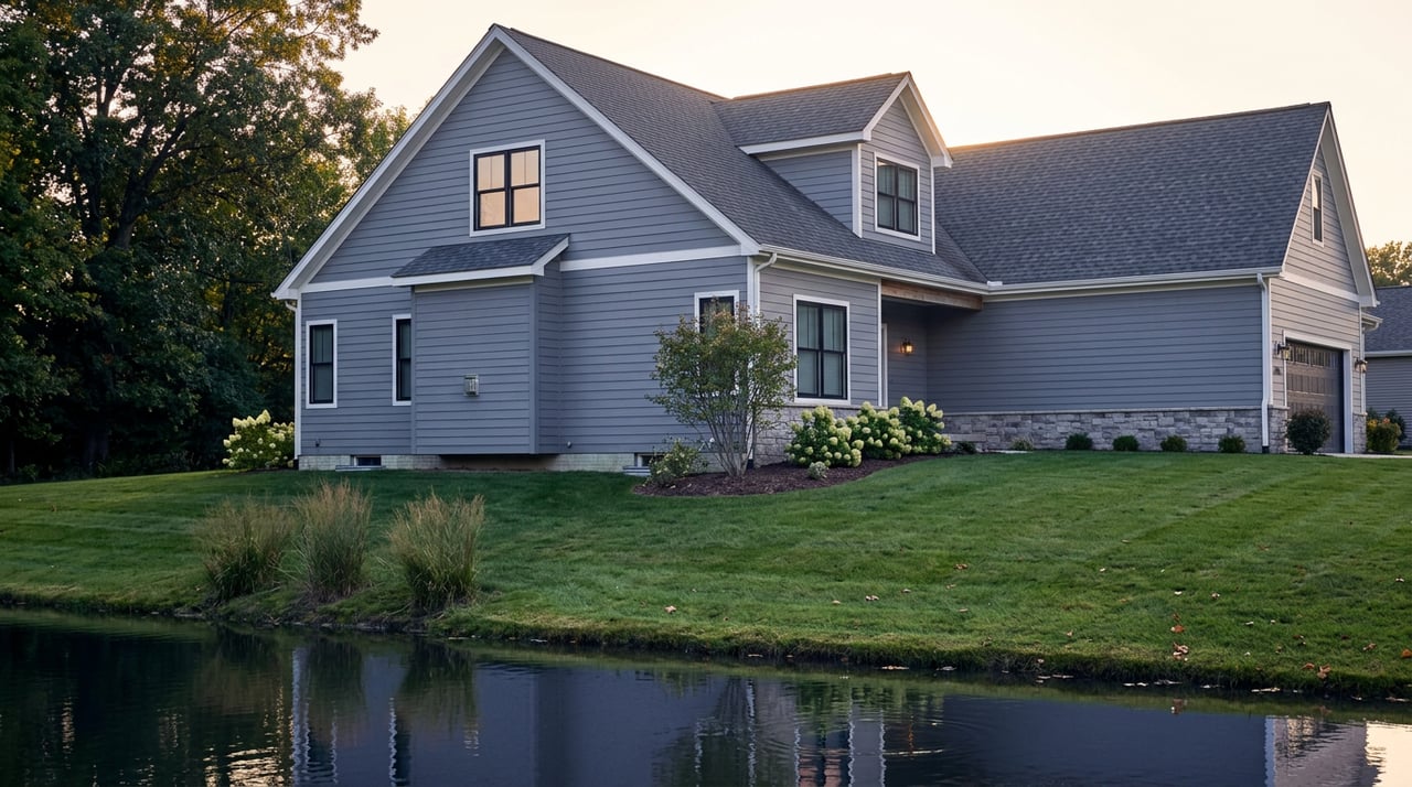 Two-story gray-sided house with white trim, stone foundation, sloping lawn, and still water.