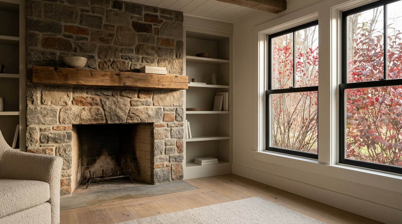 Fieldstone fireplace with timber mantel, bowl and books; built-in shelves beside windows framing red berries.