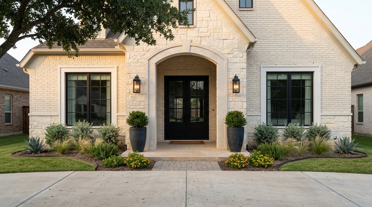 Modern farmhouse entry with glowing lanterns in warm evening light.