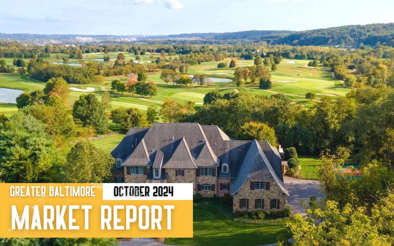 Greater Baltimore October 2024 market report, over an aerial view of a house beside a golf course.