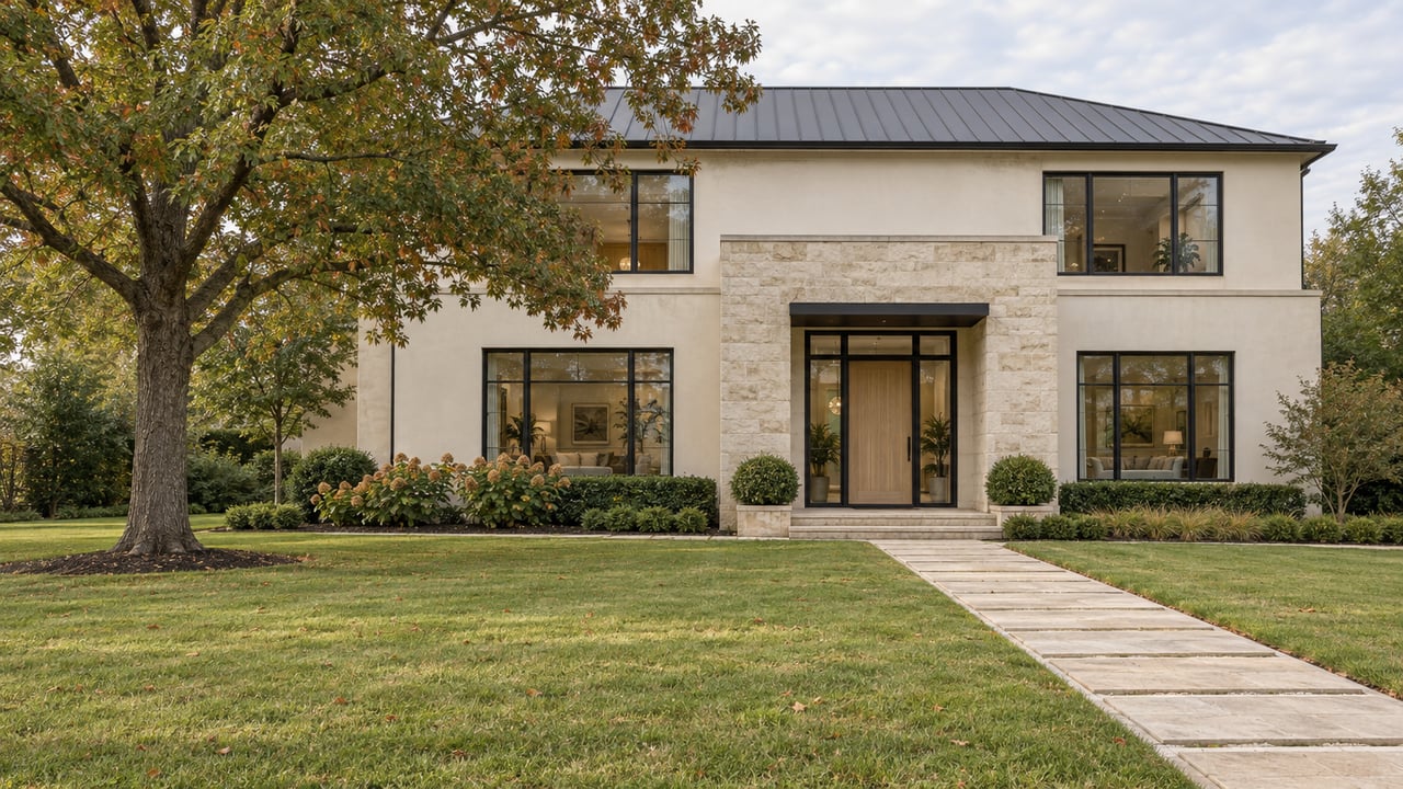 Ivory stucco and cream limestone residence behind a deep green lawn, with black-framed windows and a mature oak beside the entry approach.