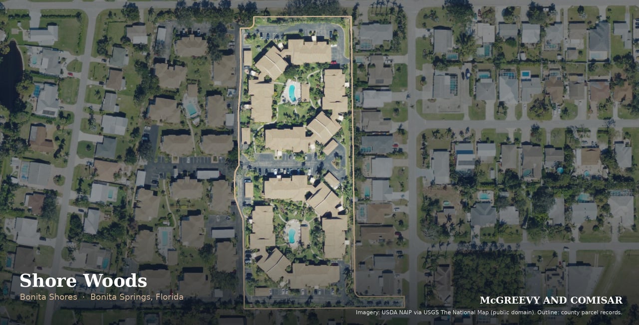Shore Woods condominium, 64 4th Street, Bonita Shores, Bonita Springs, Florida, aerial outlined from county parcel records