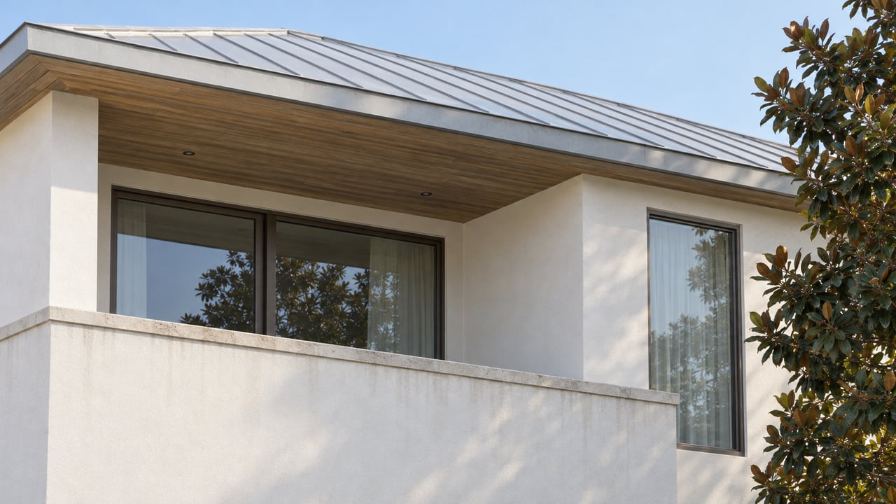 White stucco home's recessed upper terrace with bronze-framed glass, silver metal roof and a magnolia crown in morning light.