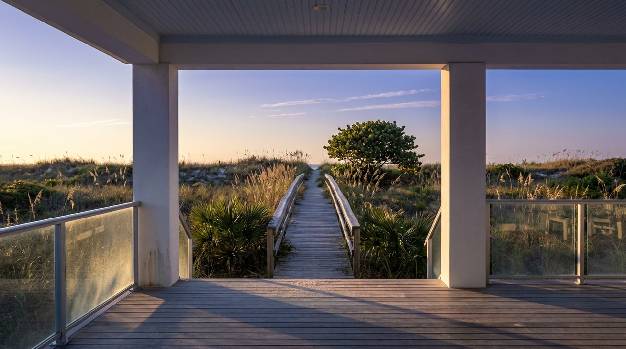 Covered porch overlooking a wooden boardwalk through sea oats toward a dune crest and sea grape at dusk.