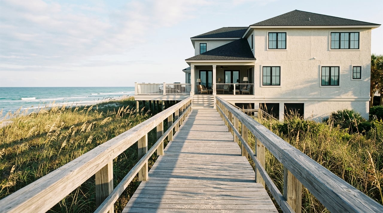 Raised wooden dune walkover leads through native grasses and saw palmetto to a white coastal home.