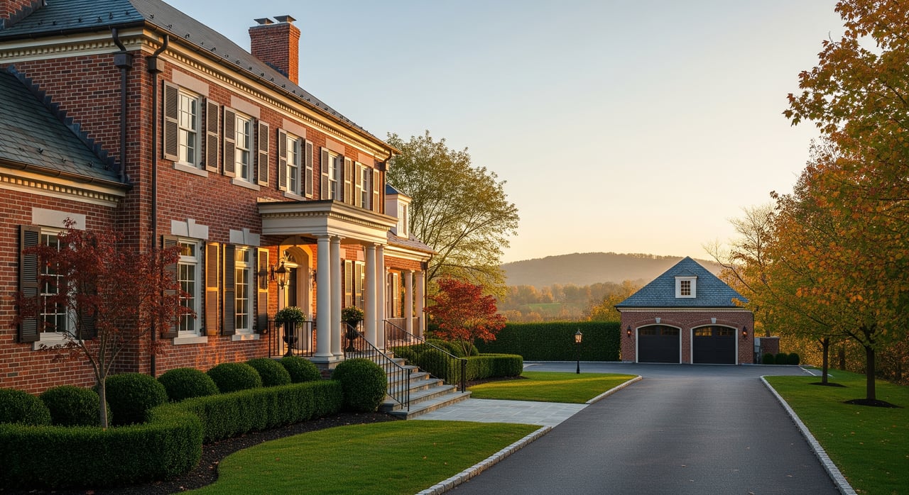 Red-brick mansion beside a paved driveway leading to a detached double garage, with autumn trees beyond.