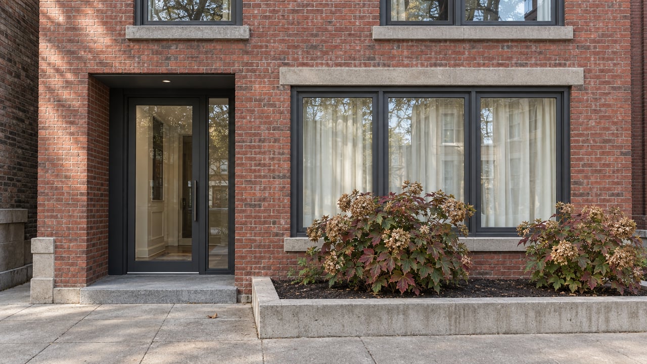 Red-brick residential entrance with charcoal-framed glass, limestone details and oakleaf hydrangeas beside a paved approach.
