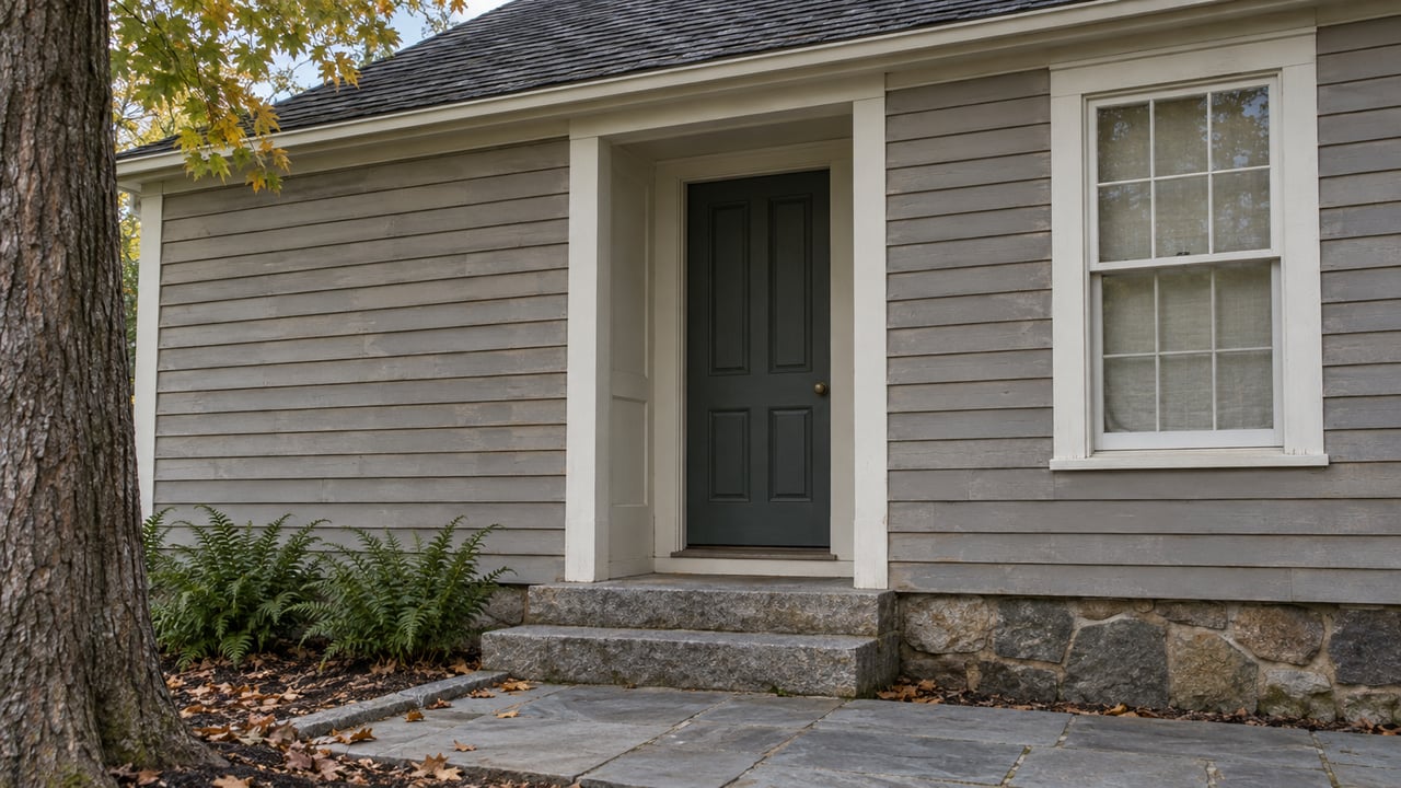 Recessed entry in a weathered gray clapboard house, with granite steps, a bluestone walk, and one double-hung window.