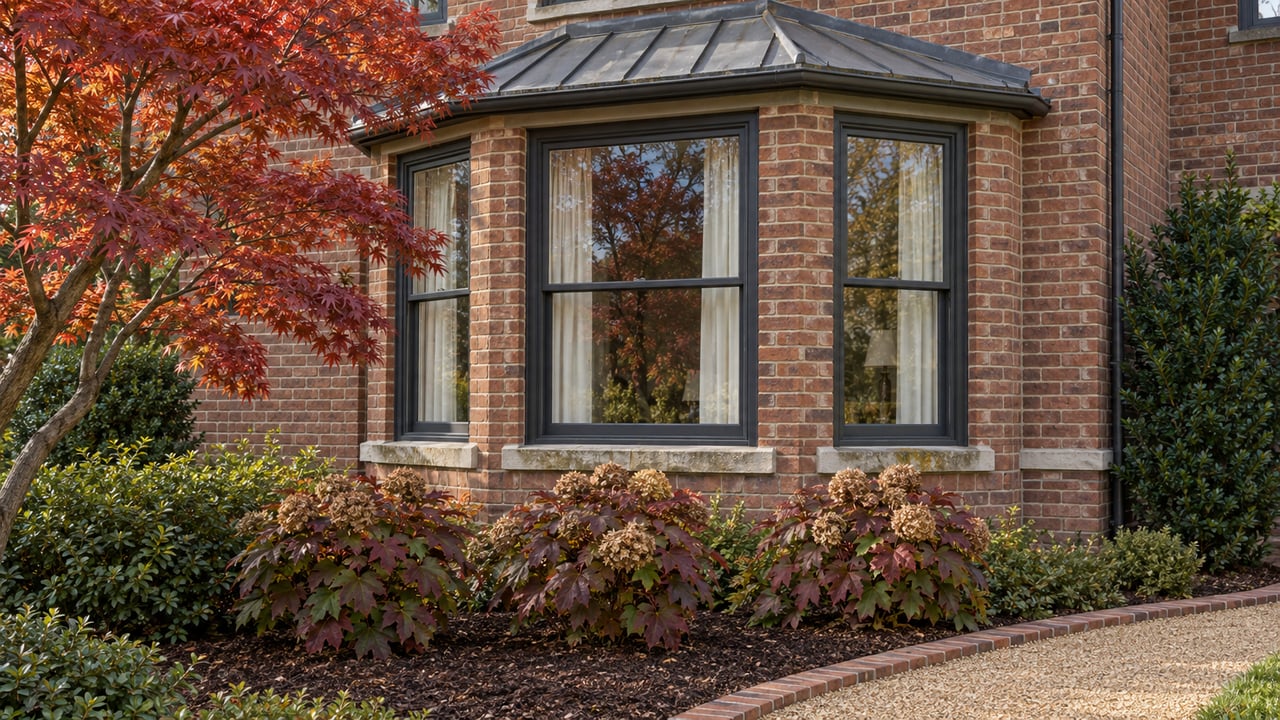Brick home with tall bay windows, a copper-red Japanese maple and oakleaf hydrangeas beside a brick-edged gravel garden walk.
