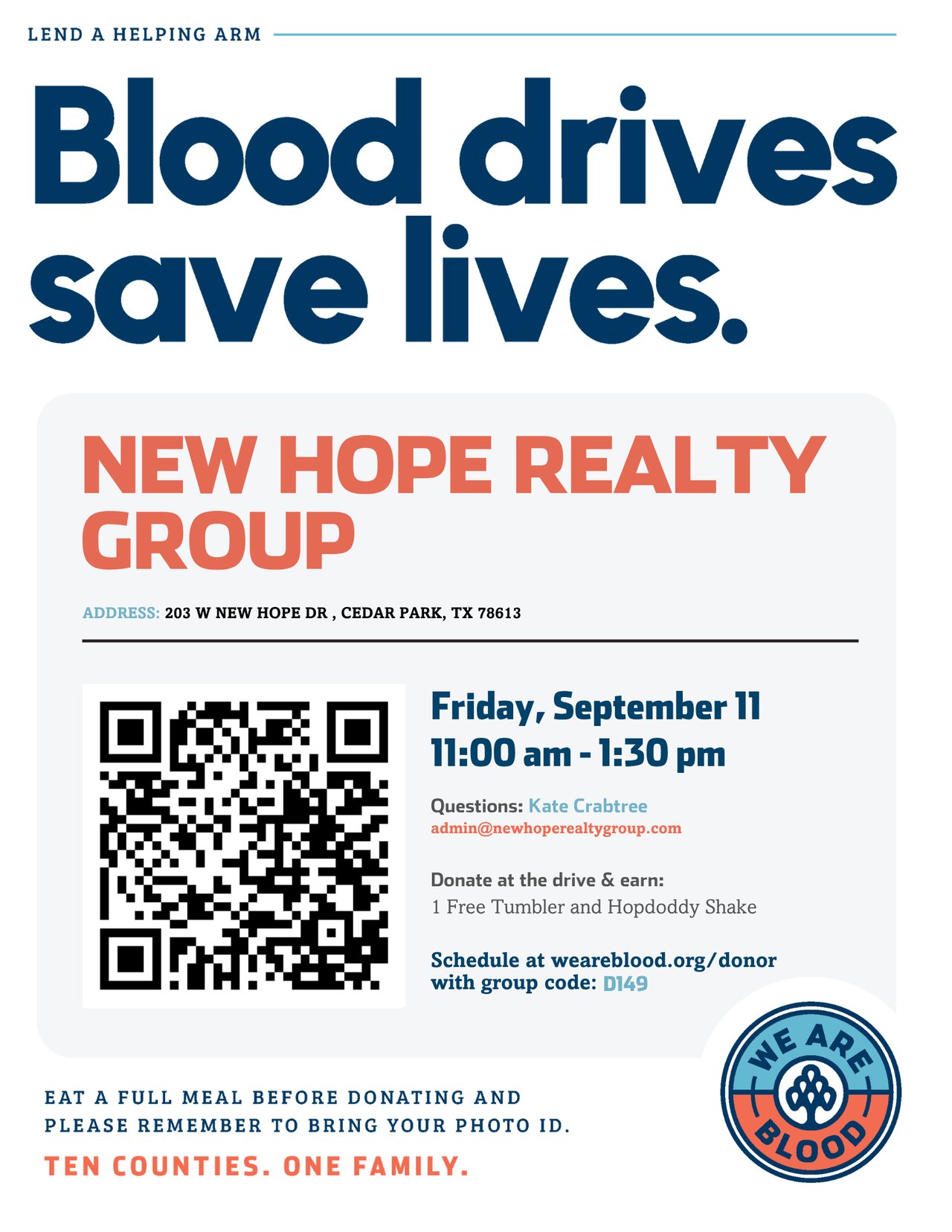  Join New Hope Realty Group and We Are Blood on September 11 in Cedar Park for a community blood drive rooted in remembrance, service and care.