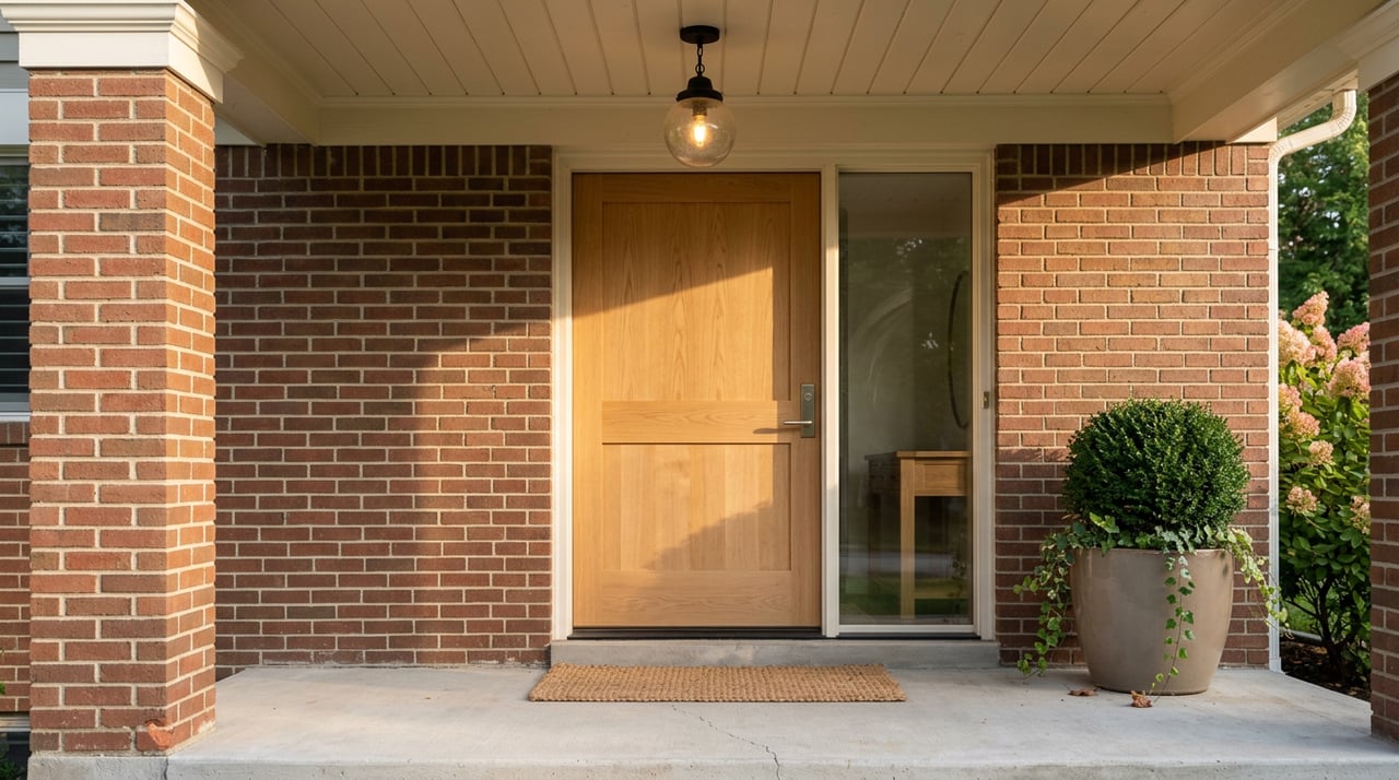 White oak front door beside a red-brown brick pier, with a clipped boxwood in a taupe planter.