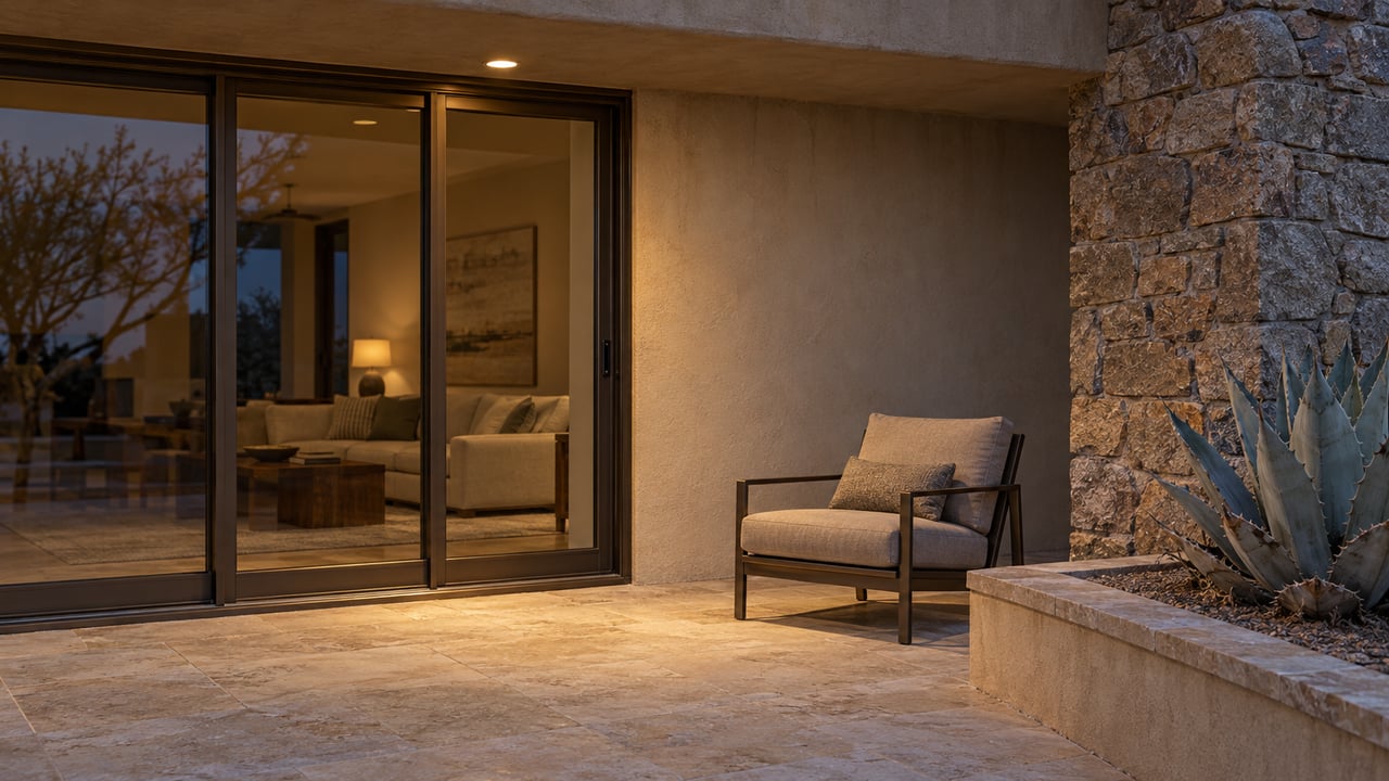 Warmly lit desert-home terrace with bronze-framed glass doors, rough stone pier, limestone paving and a blue-gray agave.