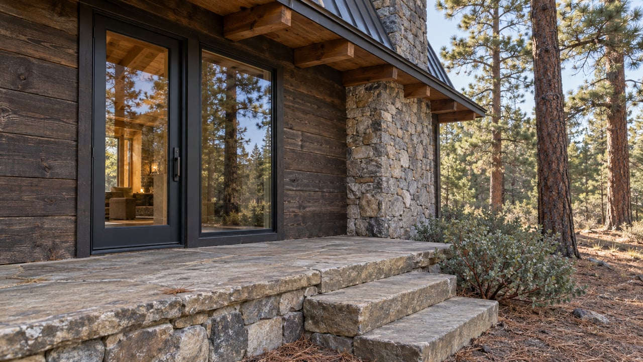 Timber residence entry with glazed door, stone chimney and steps descending toward spaced ponderosa pines.