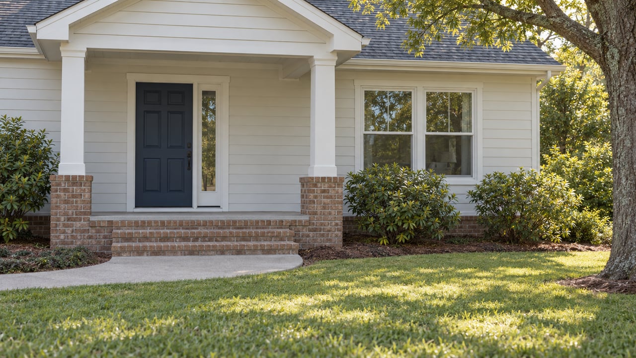A covered front entry with white siding, brick steps and a navy door, framed by a mature live oak and a broad green lawn.