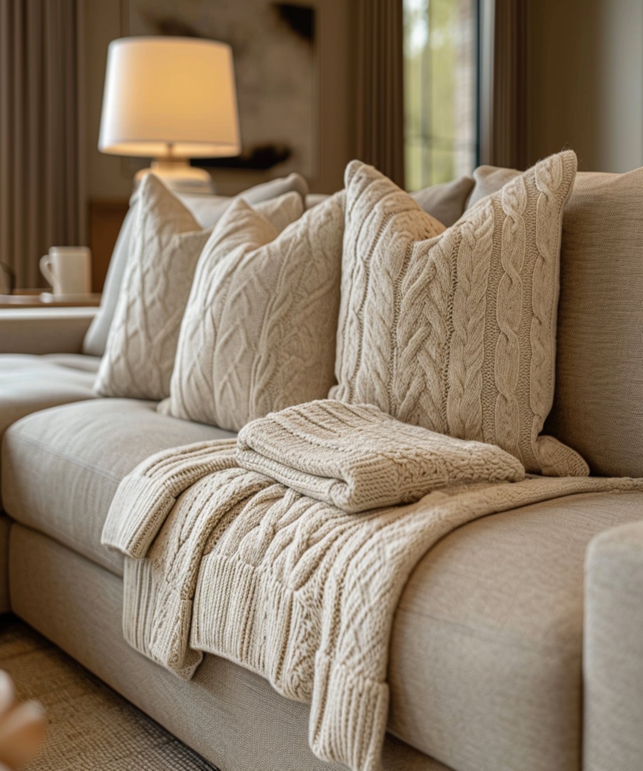 Beige sofa with cream cable-knit pillows and a matching throw blanket
