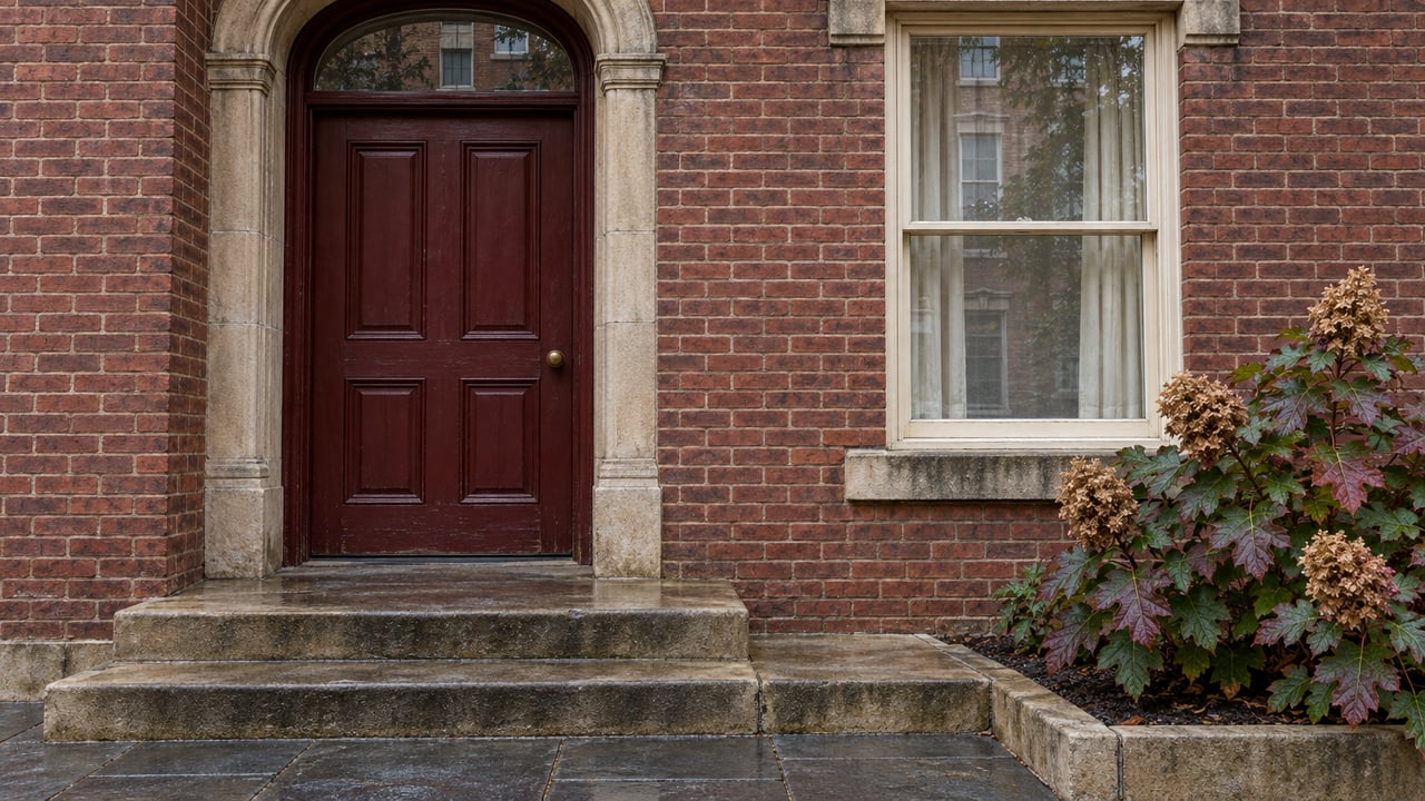 Weathered red-brick residential entry with a sandstone arch, oxblood door, tall sash window and damp stone steps beside oakleaf hydrangea.