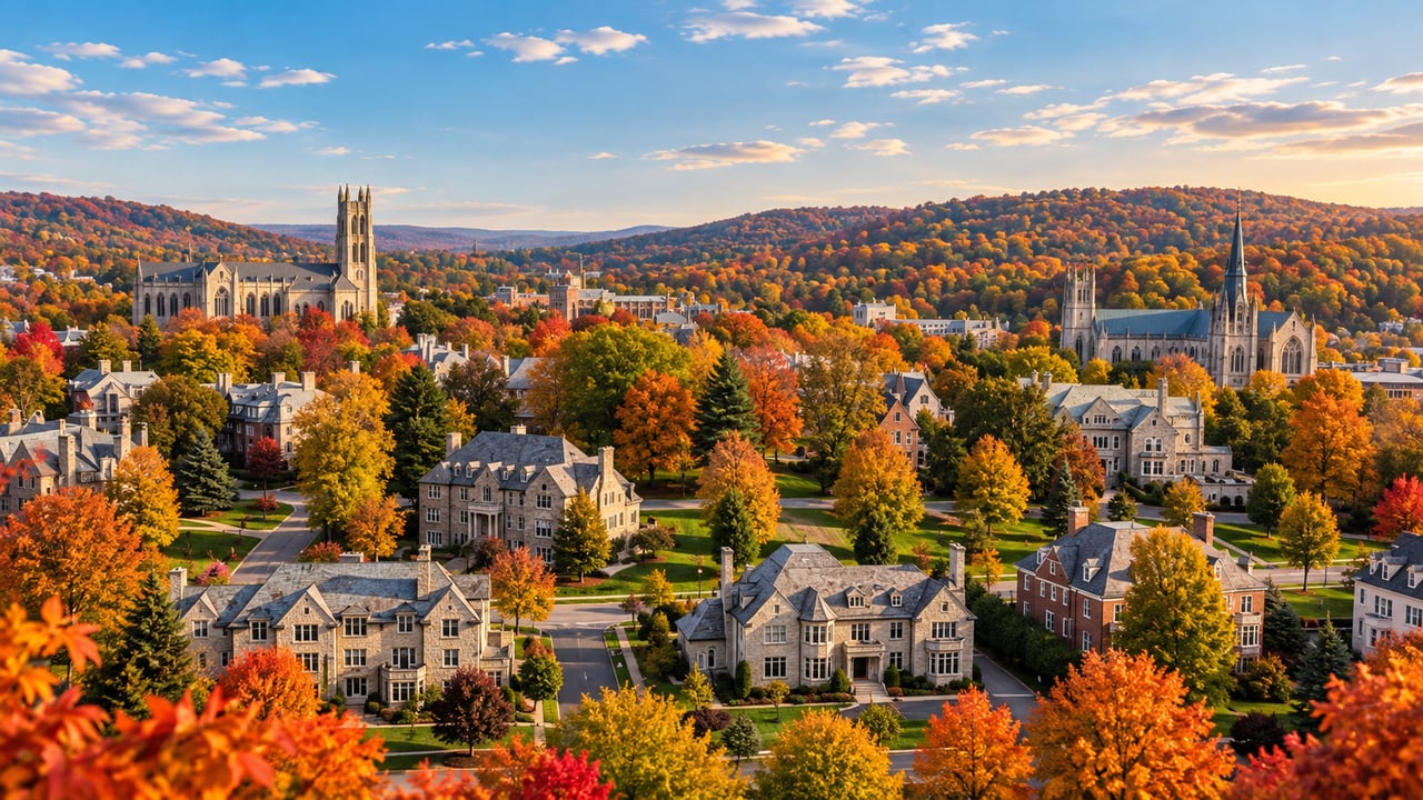 Aerial view of a Main Line neighborhood with stone homes, Gothic campus buildings, and autumn foliage.