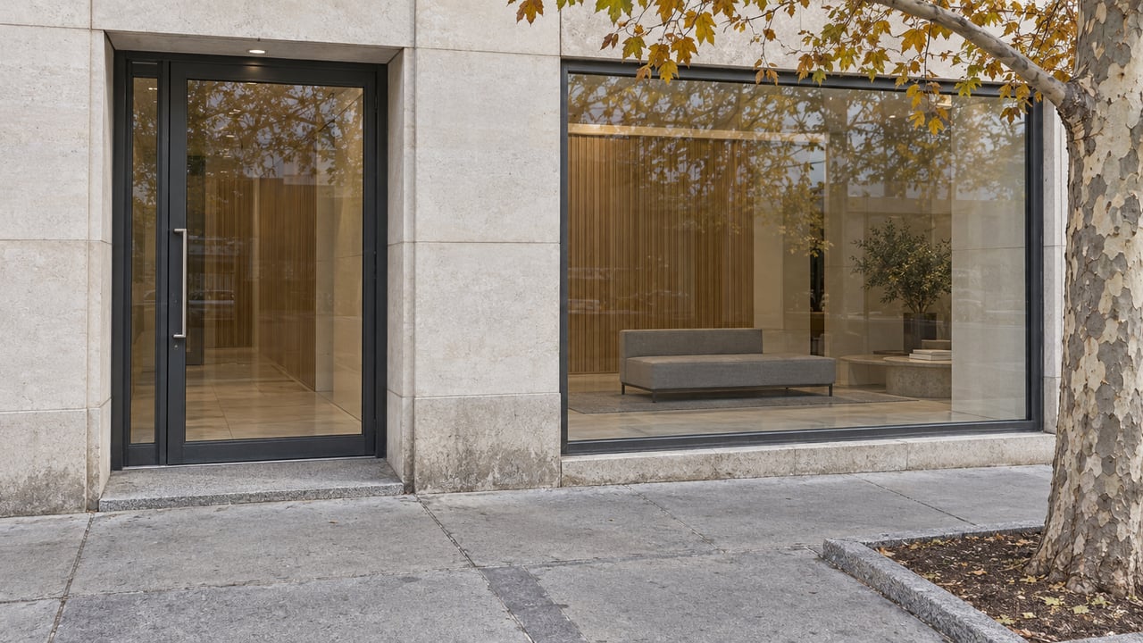 Pale stone residential entrance with closed glass door, a gray bench behind glazing, and a mottled plane-tree trunk beside the sidewalk.