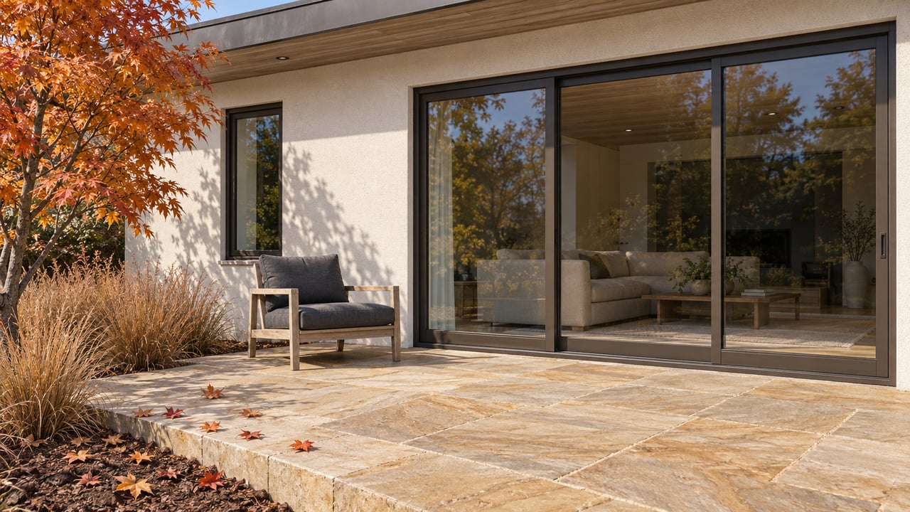 Contemporary home with bronze-framed glass doors, a sandstone terrace, teak chair and copper-orange maple foliage in autumn sunlight.