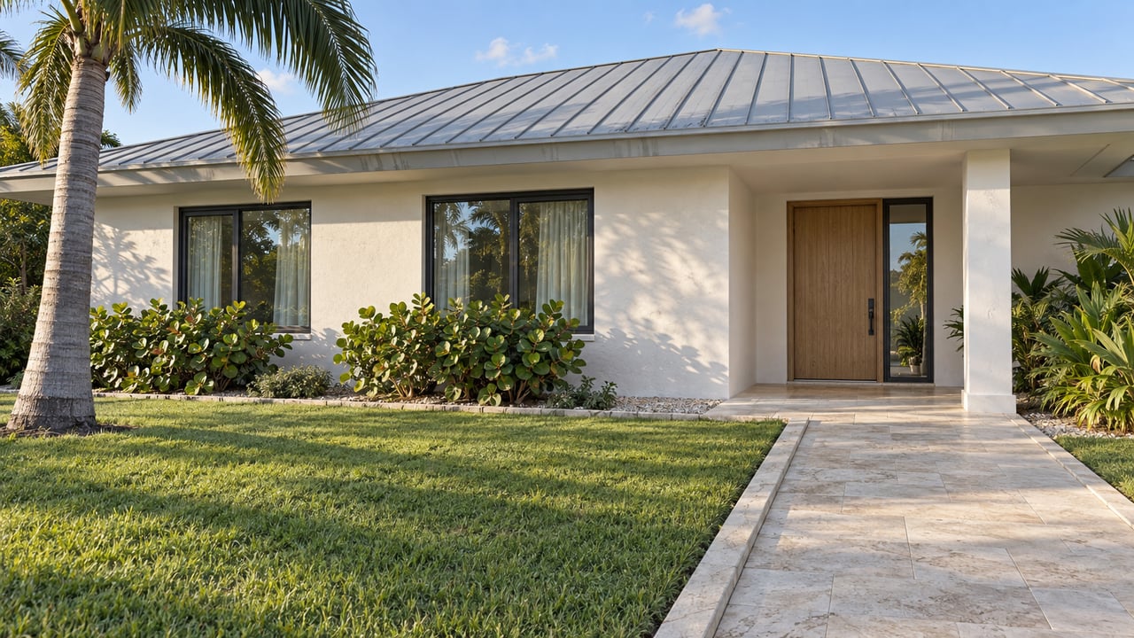 Pale contemporary home with dark-framed windows, a recessed wood entrance and limestone approach across a palm-planted front garden.
